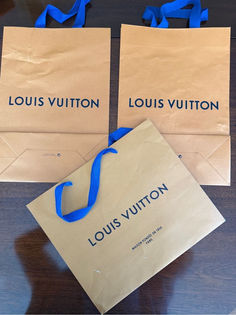 Louis Vuitton Paper Shopping Bags with Blue Ribbon Handles set of 3